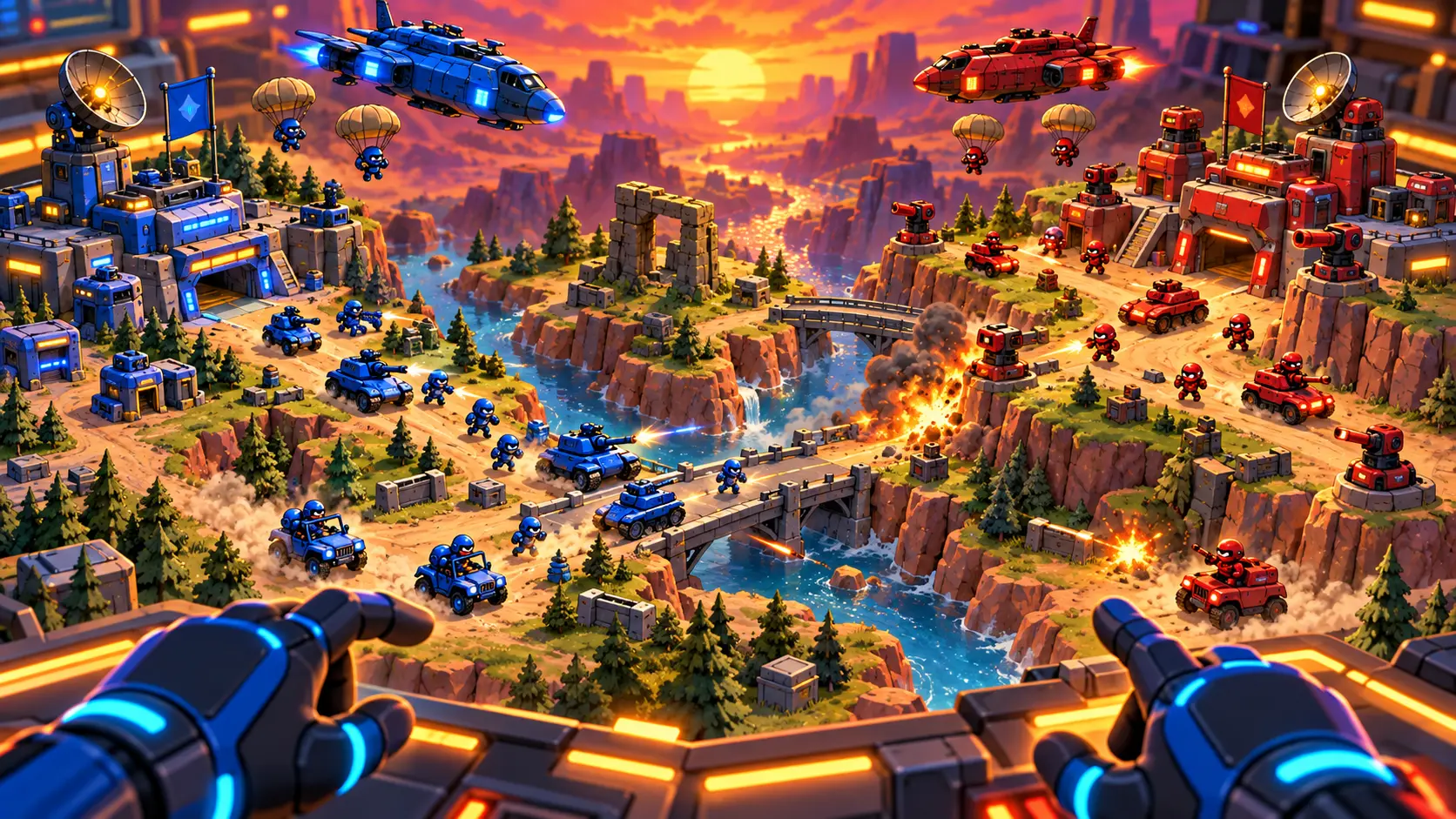 A VR commander directing blue units against red forces across a miniature canyon battlefield