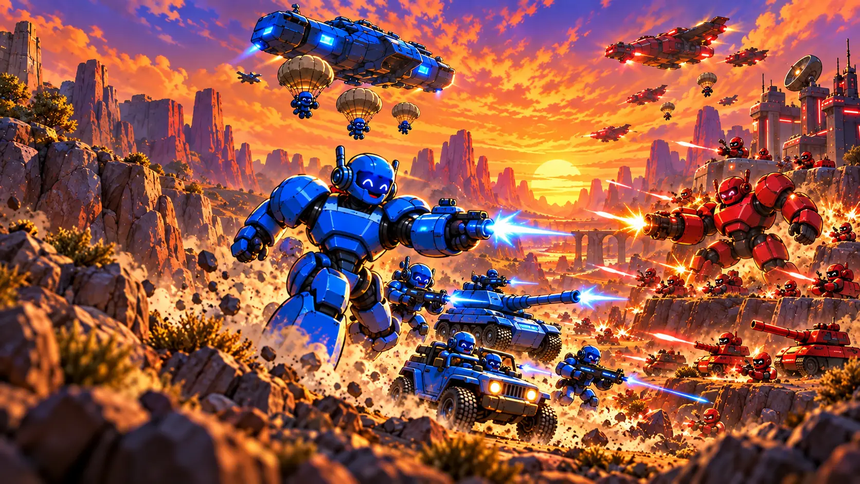 Blue and red robot armies clashing across a vast sunset canyon