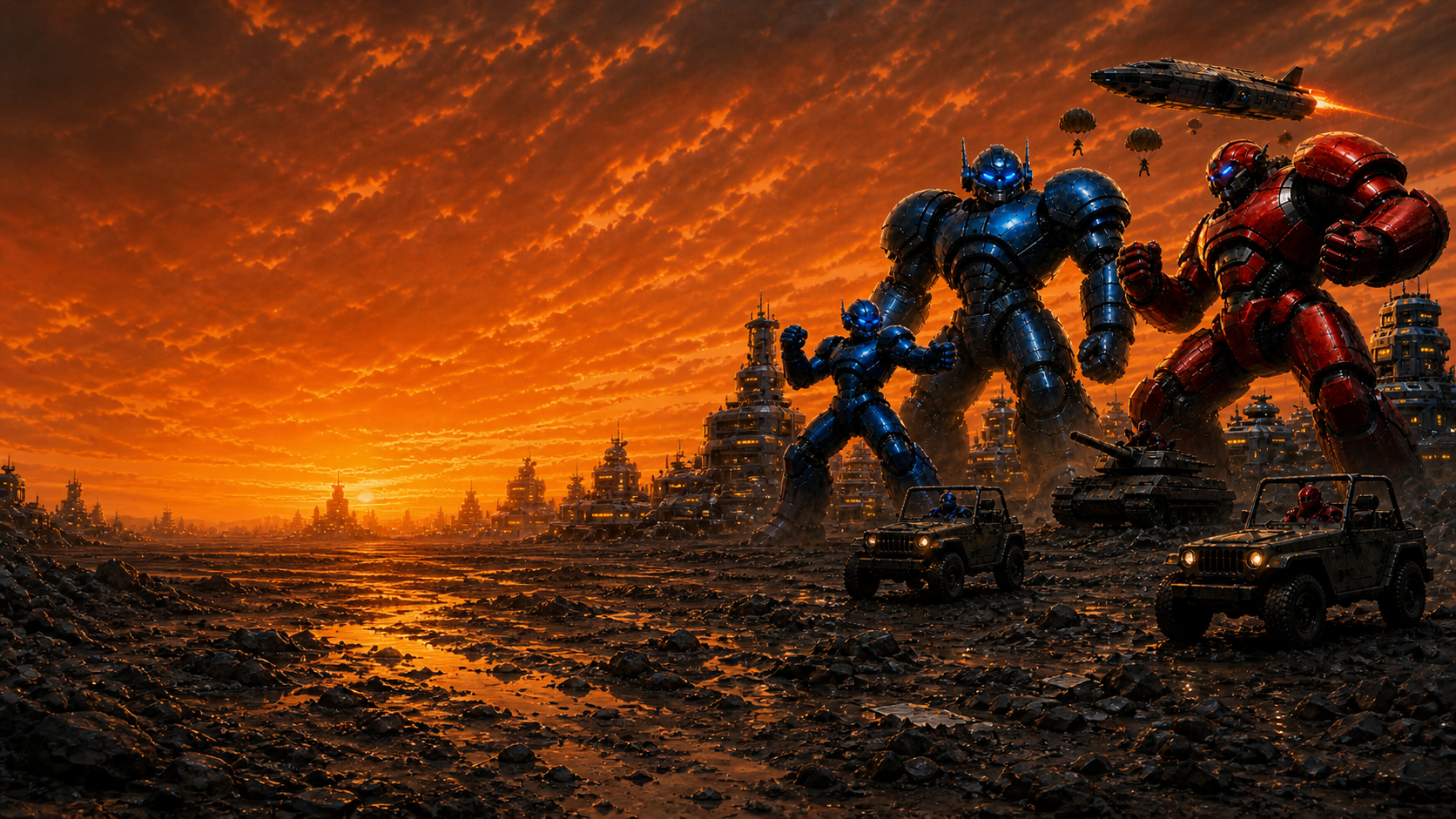 Project S battlefield art with blue and red robots