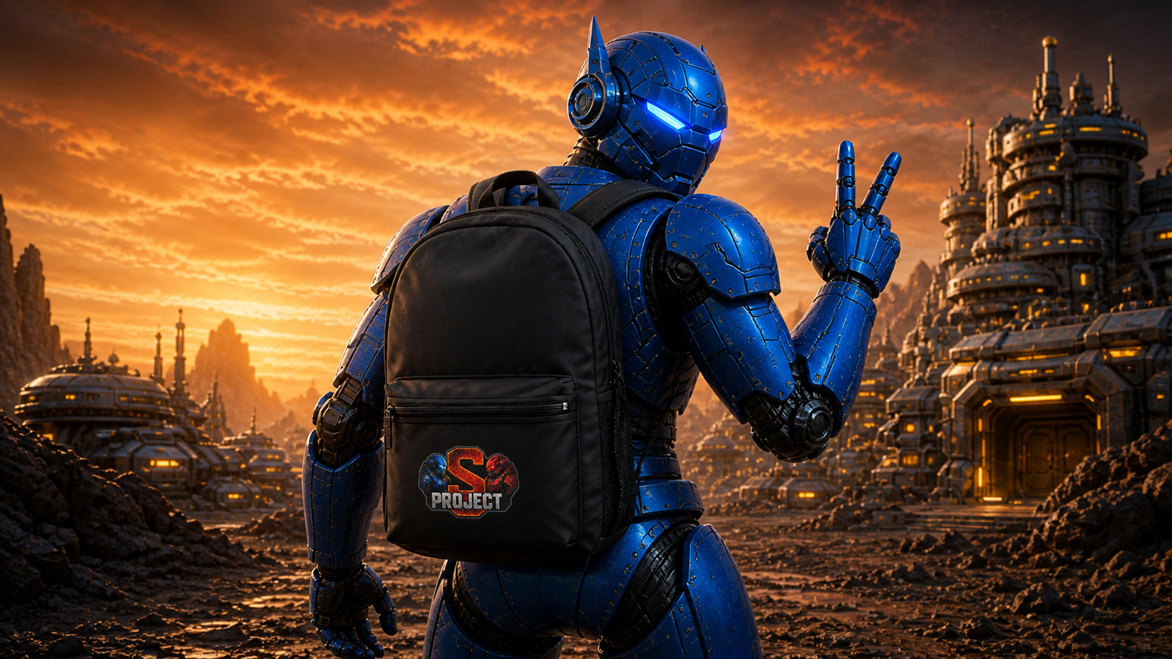 Robot wearing a Project S backpack