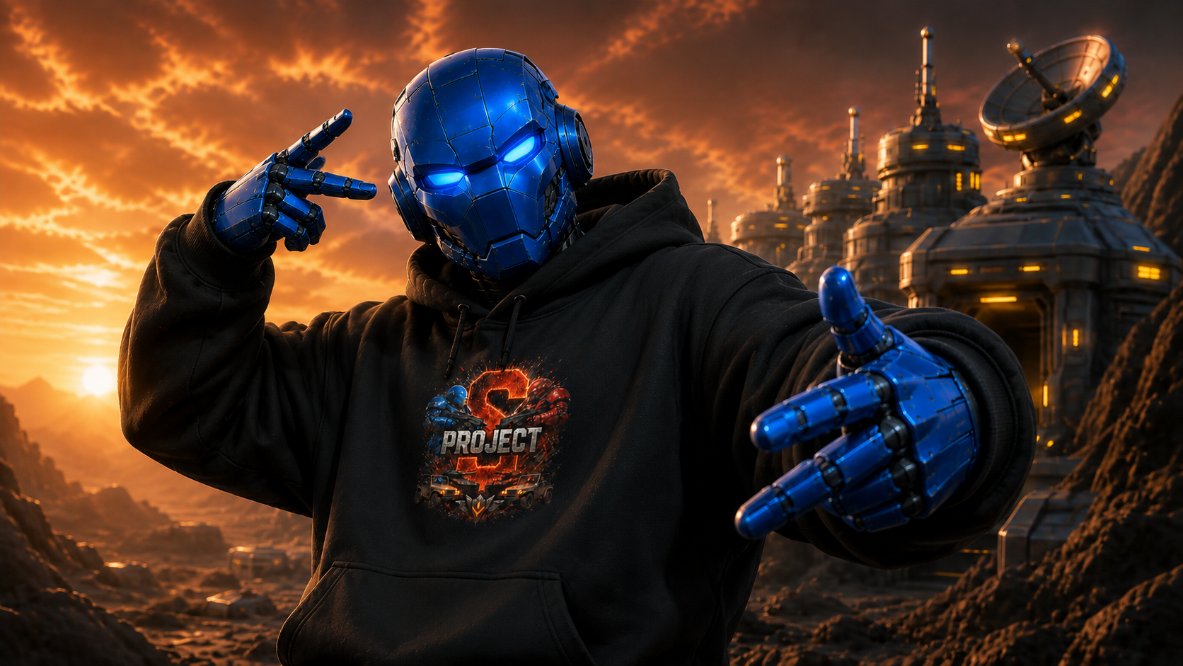 Robot wearing a Project S hoodie
