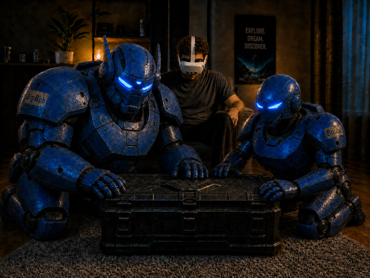 Project S robots Bouba and Big Bob opening a box