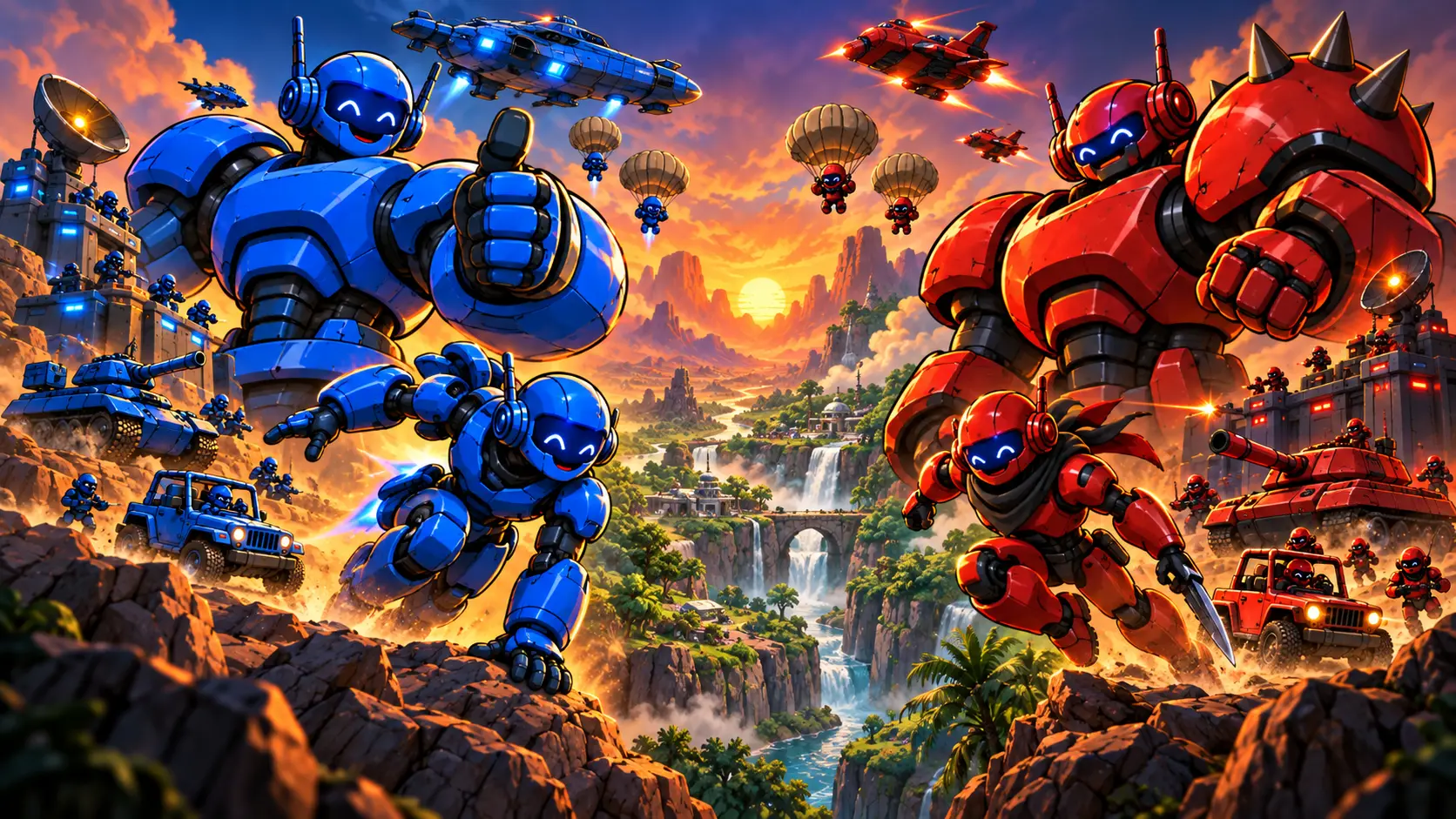 Blue and red robot champions facing off between desert and river-canyon worlds